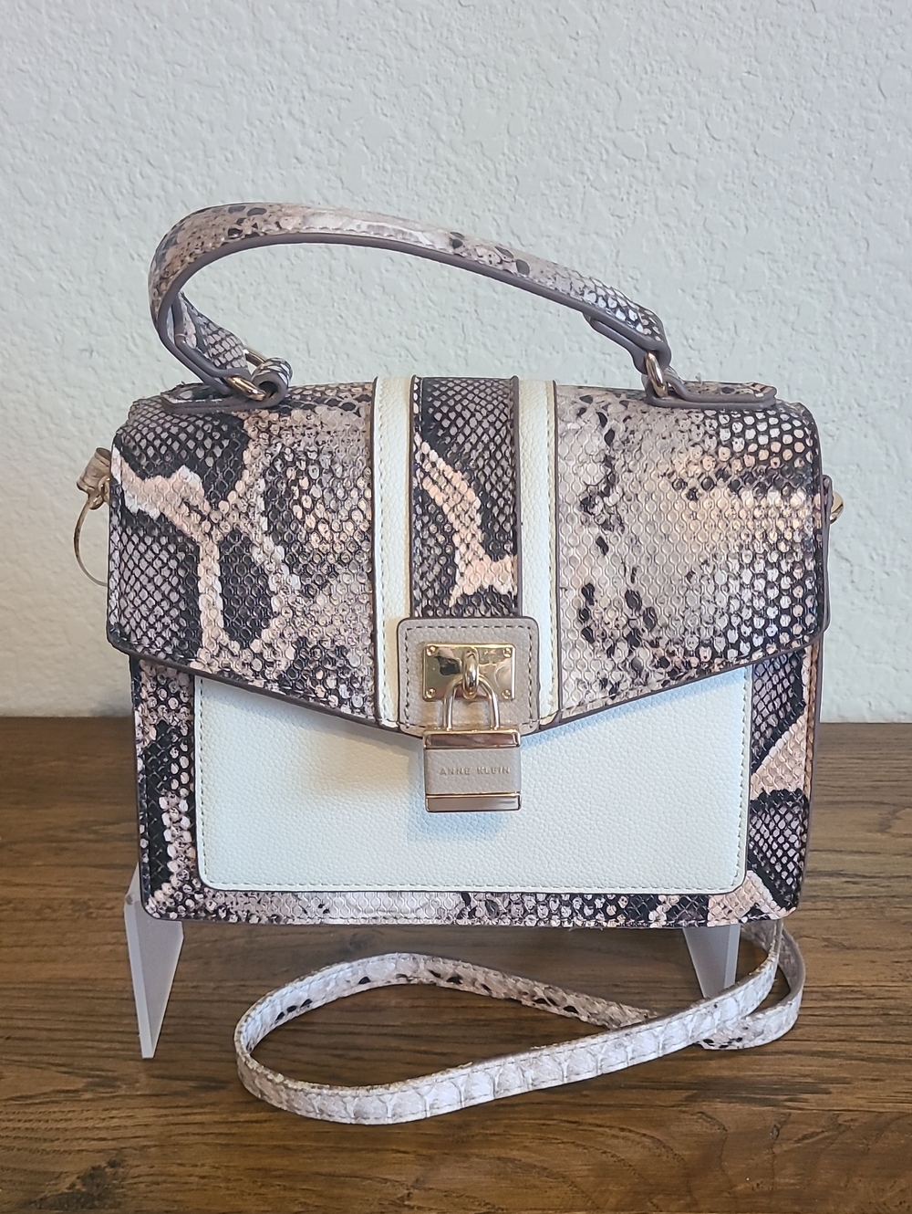 Anne Klein Snake-Print Satchel in Cream and Taupe